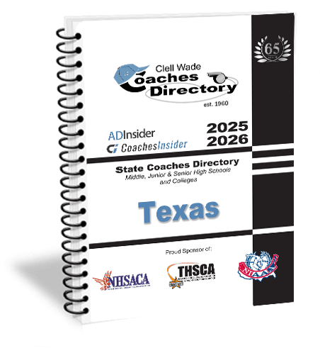 Cover of the 2025–2026 Texas State Coaches Directory spiral-bound book from Clell Wade Coaches Directory.