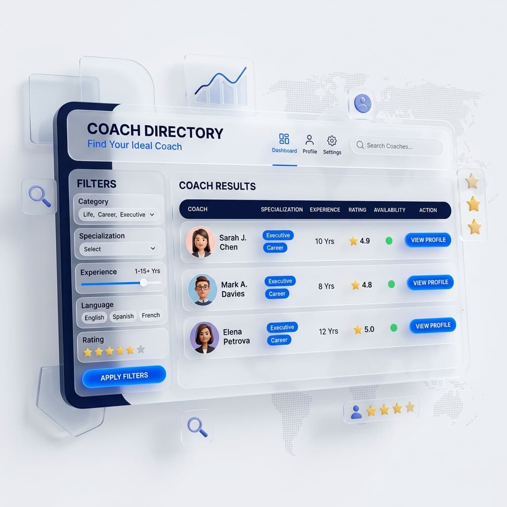 Online directory dashboard showing coaches search interface with filters and results table