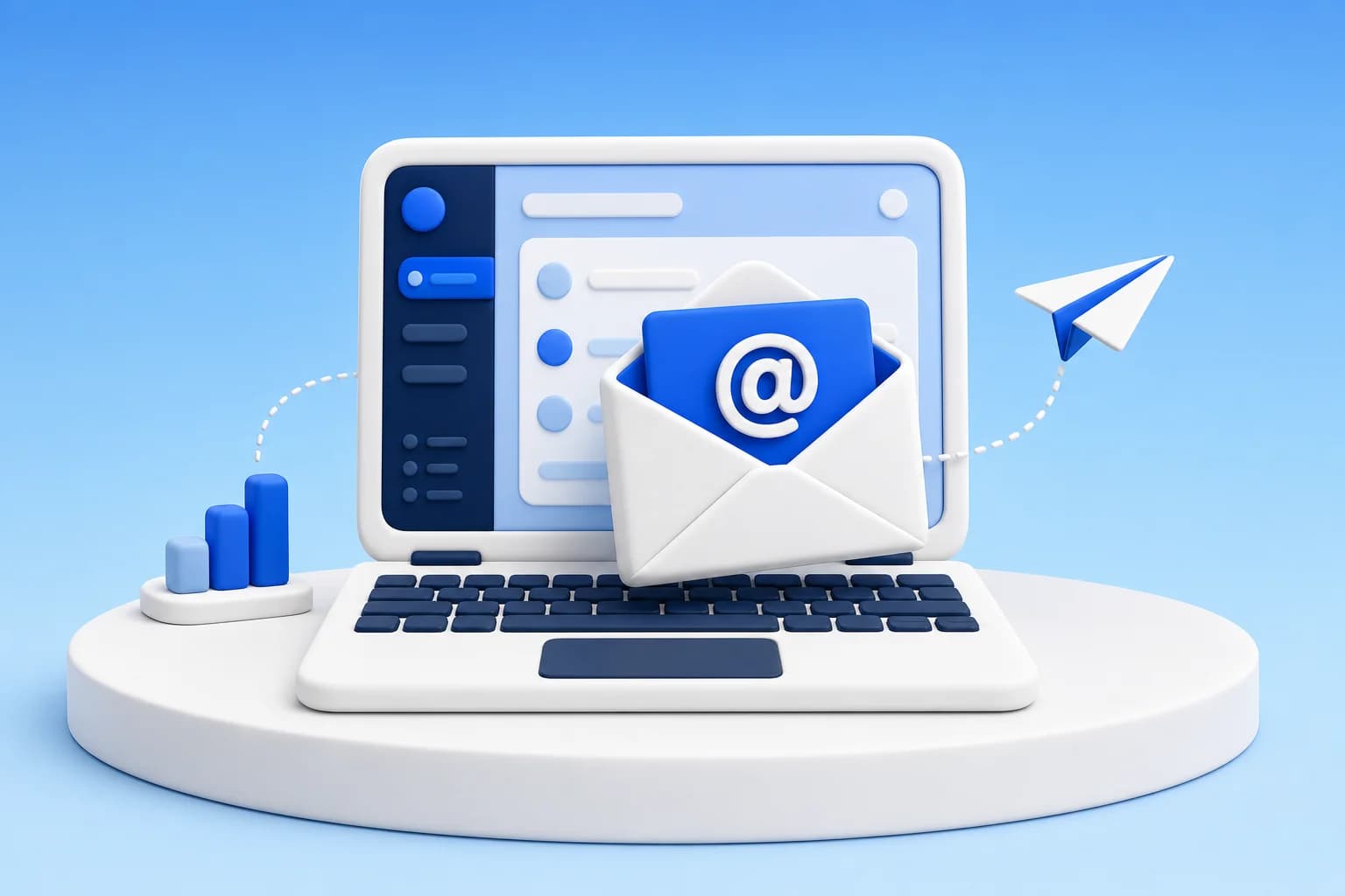 Illustration of an email campaign on a laptop with envelope, paper plane, and delivery analytics accents.