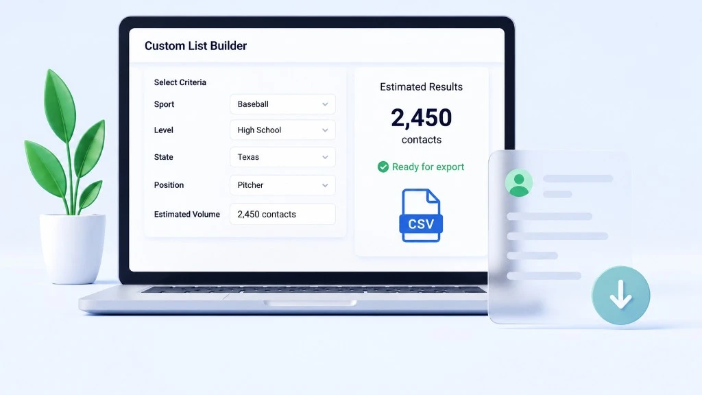 Laptop showing the custom list builder with criteria fields and CSV export preview.