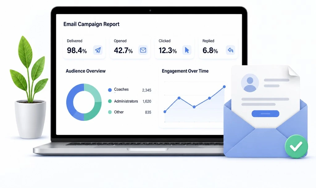 Laptop showing an email campaign report with delivery metrics, audience breakdown, and engagement chart.